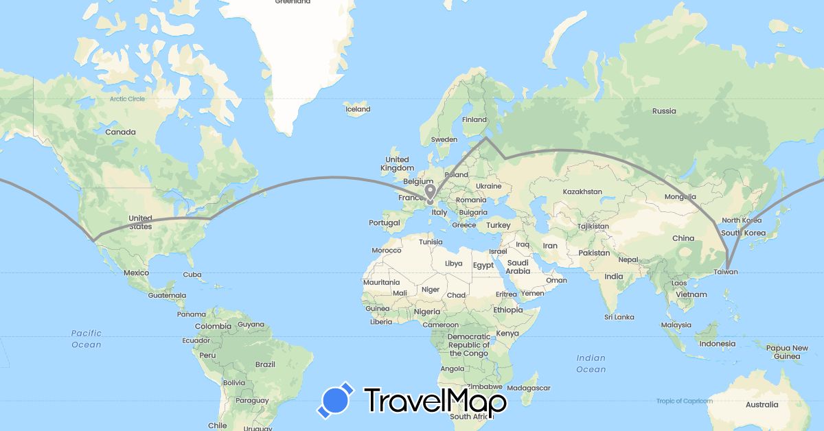 TravelMap itinerary: driving, plane in China, Italy, South Korea, Russia, Taiwan, United States (Asia, Europe, North America)